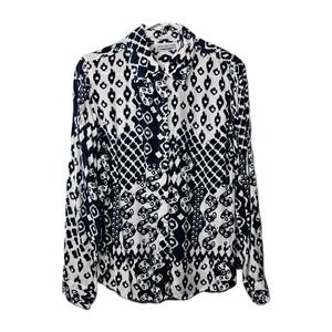 New Direction Womens Medium Navy White Button Down Blouse Top Viscose Soft EUC